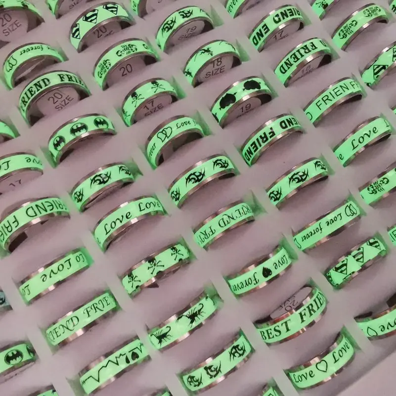 10pcs Fashion Stainless Steel Luminous Rings for Women and Men Mix Style Skull LOVE Letter Glow In The Dark Jewelry Wholesale