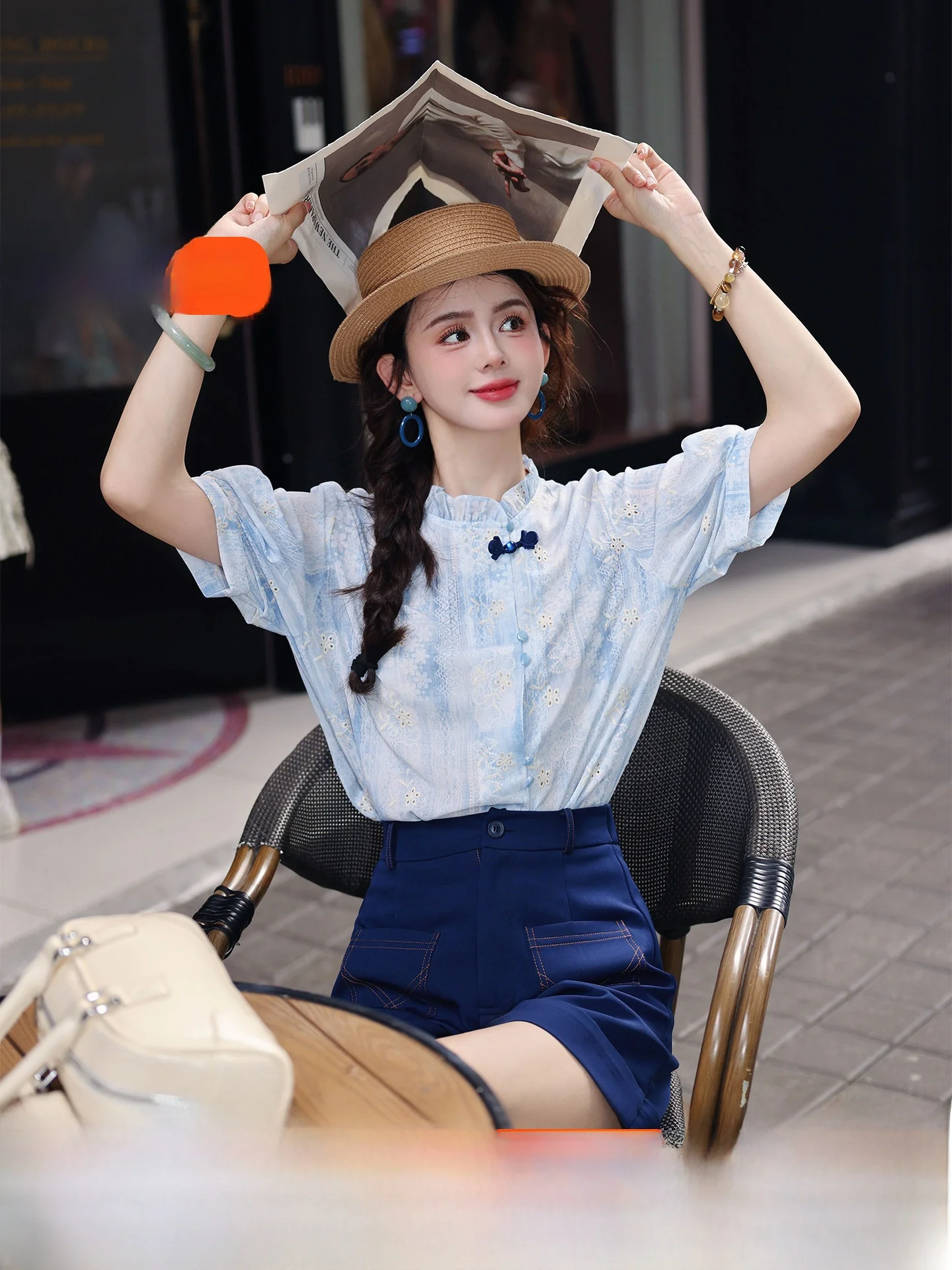 

Новая женская свободная повседневная рубашка Chen Jiajie Water Color Old Dr Summer с воротником-стойкой, из смесового полиэстера и хлопка, с коротким рукавом, коллекция 2025 года