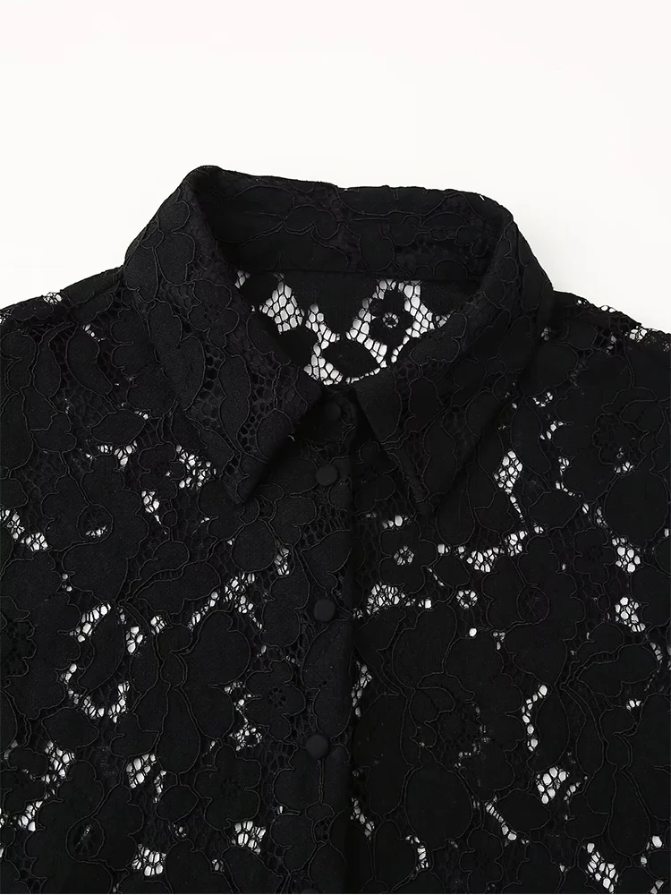 TRAF2024 European and American style autumn and winter new black lace embroidery short shirt fashionable long sleeves