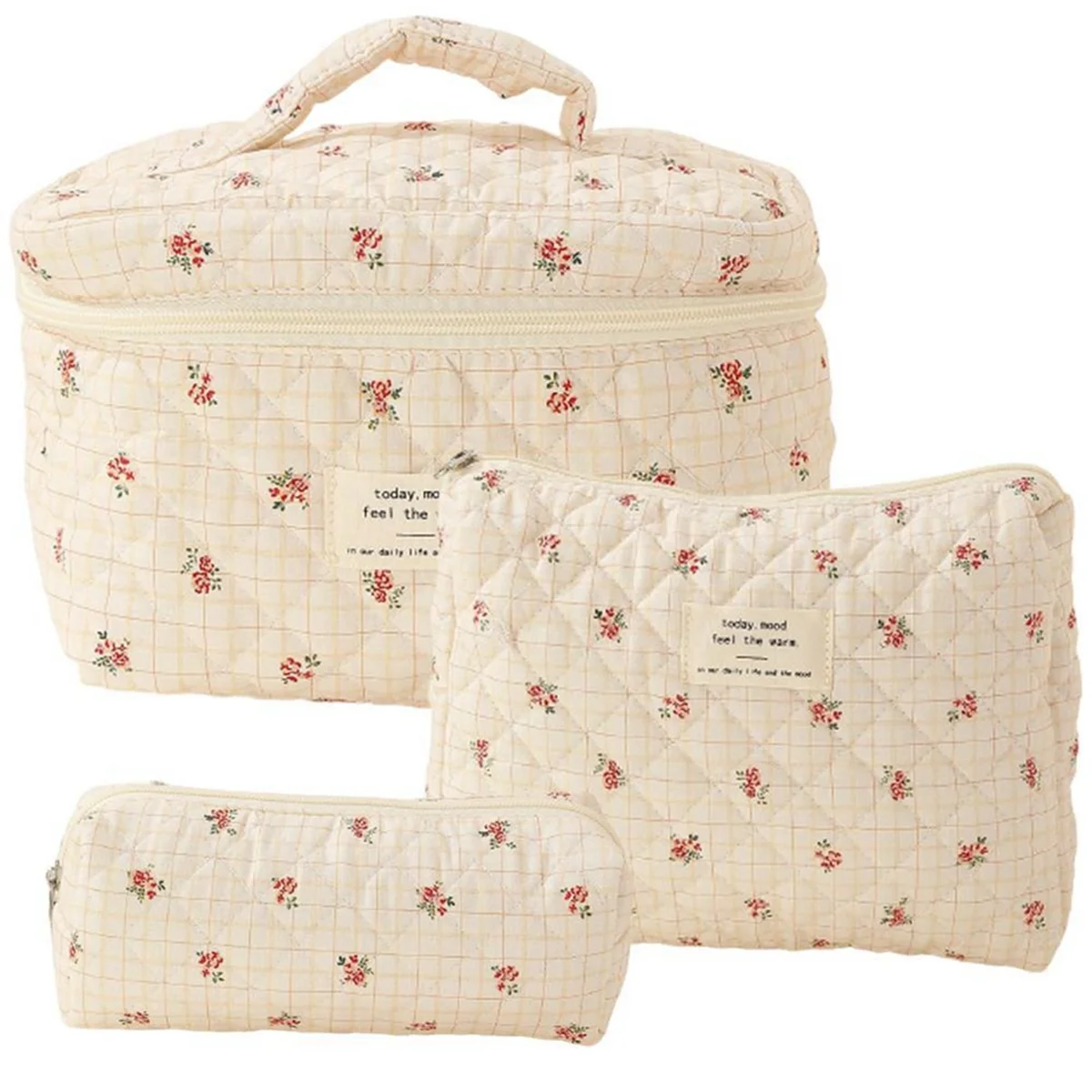 Makeup Cosmetic Bag 3 Pcs Cotton Quilted Makeup Bag Aesthetic Floral Toiletry Bag for Women,F