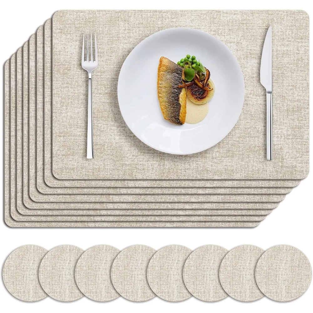 

Набор из 8 термостойких виниловых салфеток с подходящими подставками, чистыми и водонепроницаемыми, маслостойкими ковриками из искусственной кожи.