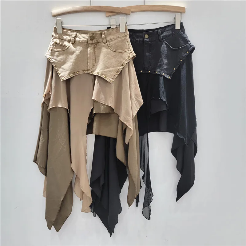 

SuperAen European and American Asymmetrical Ruffled Chiffon Patchwork Denim Short Skirt High Street A-line Skirt