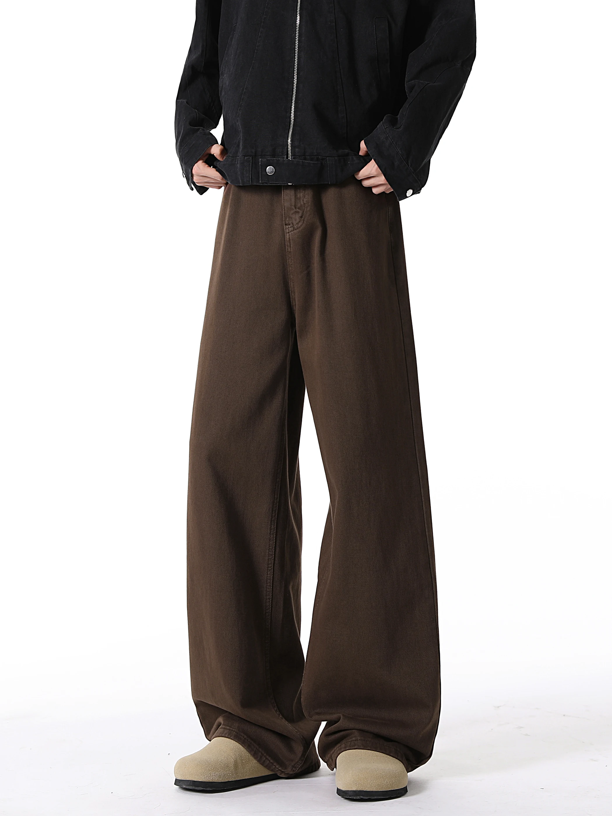 

Мужские прямые джинсы коричневого цвета, осенние, в американском ретро-стиле, свободные повседневные брюки из смесового хлопка и полиэстера с эффектом драпировки