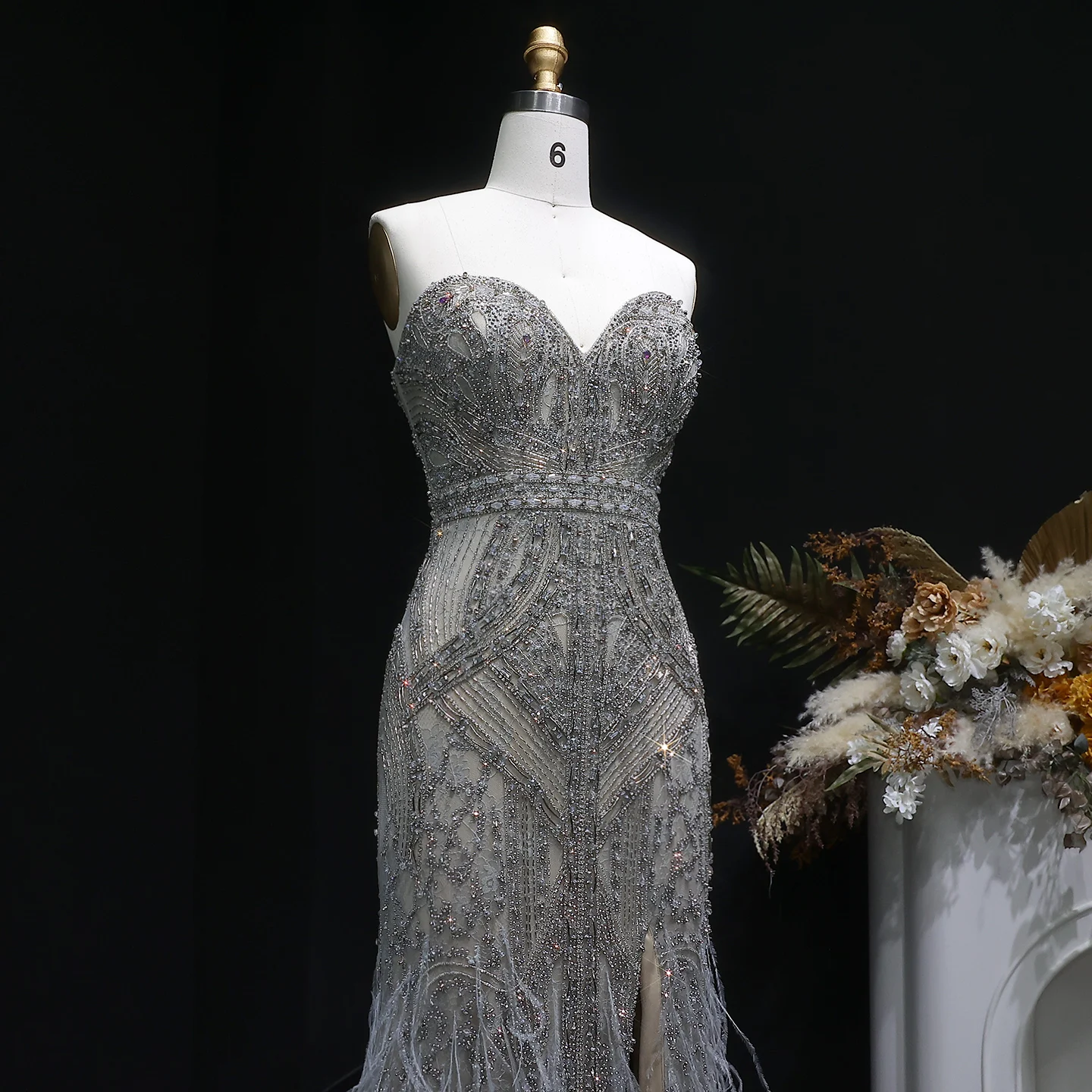 Sharon Said Luxuriöse Perlenbesetzte Meerjungfrauen-Abendkleider mit Federn, Herzausschnitt, hohem Schlitz, Damen-Abendkleider SS791, maßgeschneidert – Detail 6