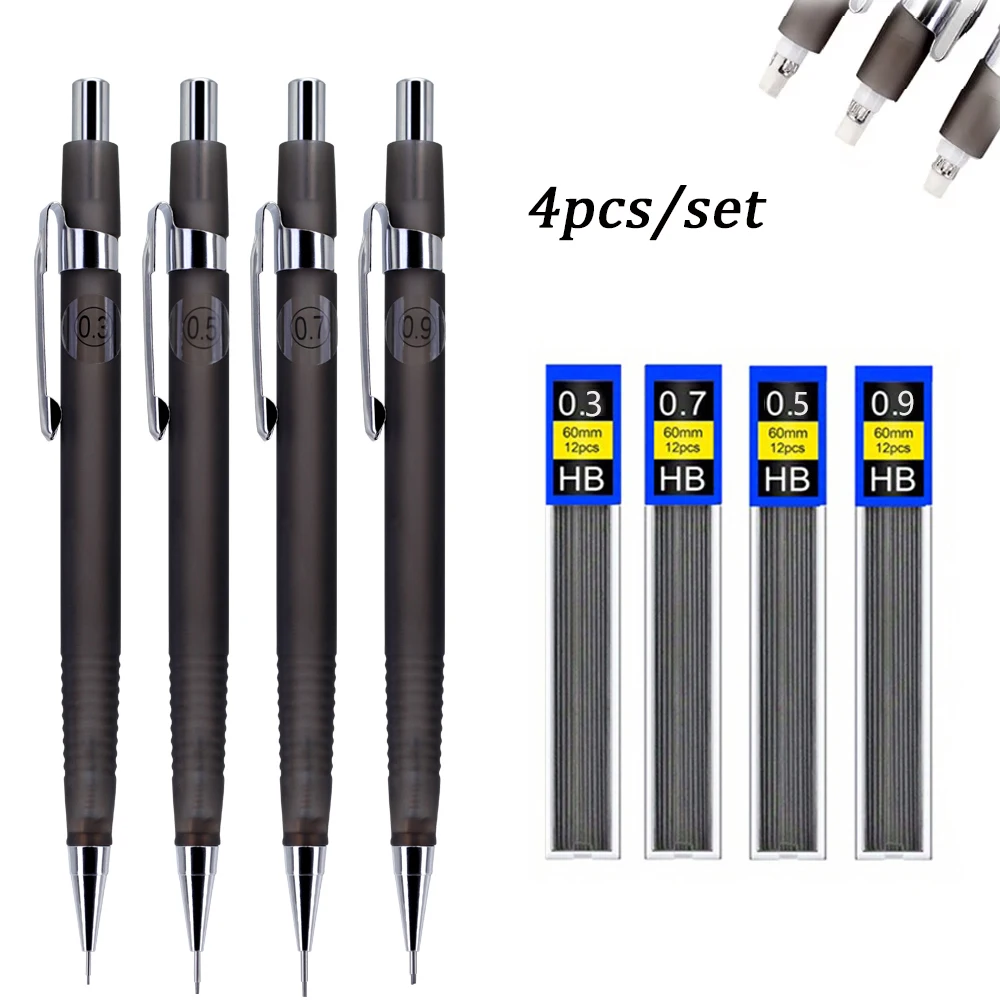 

4pcs/set 0.3/0.5/0.7/0.9mm New Automatic Pencil With Built-in Eraser,3boxes of Replaceable Lead, For School Writing Supplies