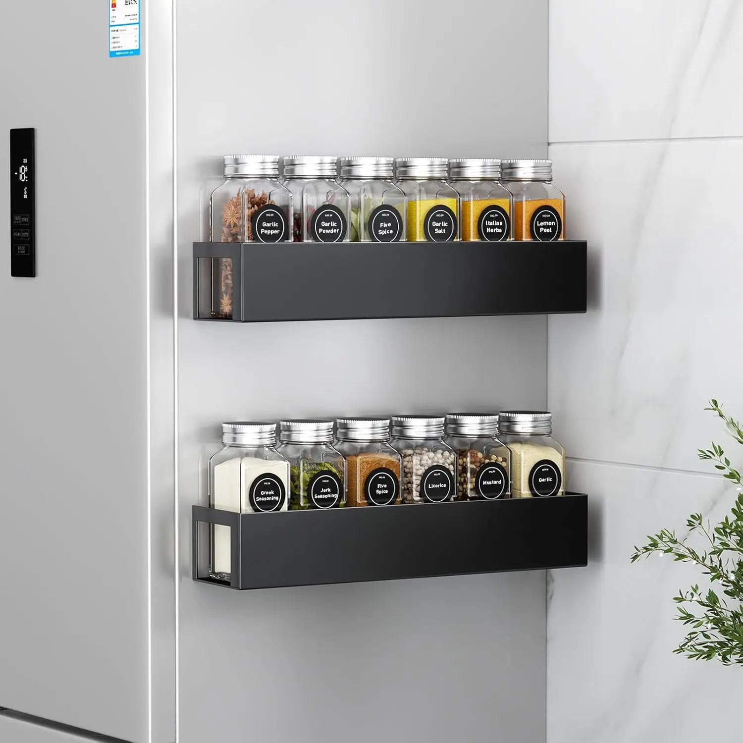 

2 Pack Magnetic Spice Rack with 12 Jars & Labels, Kitchen Organizer for Fridge/Microwave