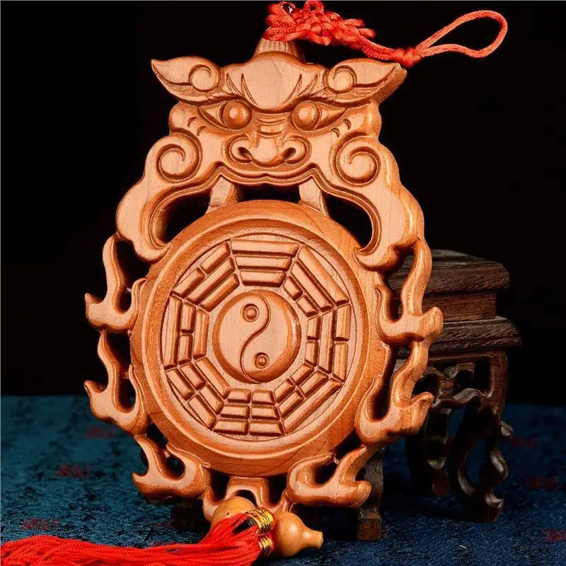 Natural Peach Wood Beast Head Bagua Mirror Toilet Bathroom Door Bedroom Dirty Mouth Household Pendant Wood Carving Wholesale