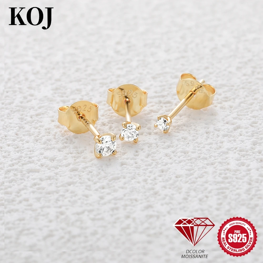 KOJ 1PC S925 Silver Classic Moissanite Stud Earring 2/2.5/3mm Gold Silver For Women Elegant Daily Hypoallergenic Jewelry Gift