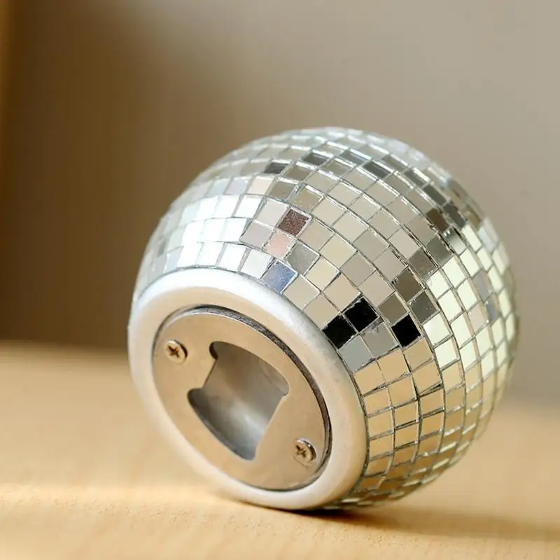 H8WB Reflective Glass Mirror Small Disco Ball Bottle Opener for Easy Opening Beer Cap 70s Birthday Party Supplies Decoration