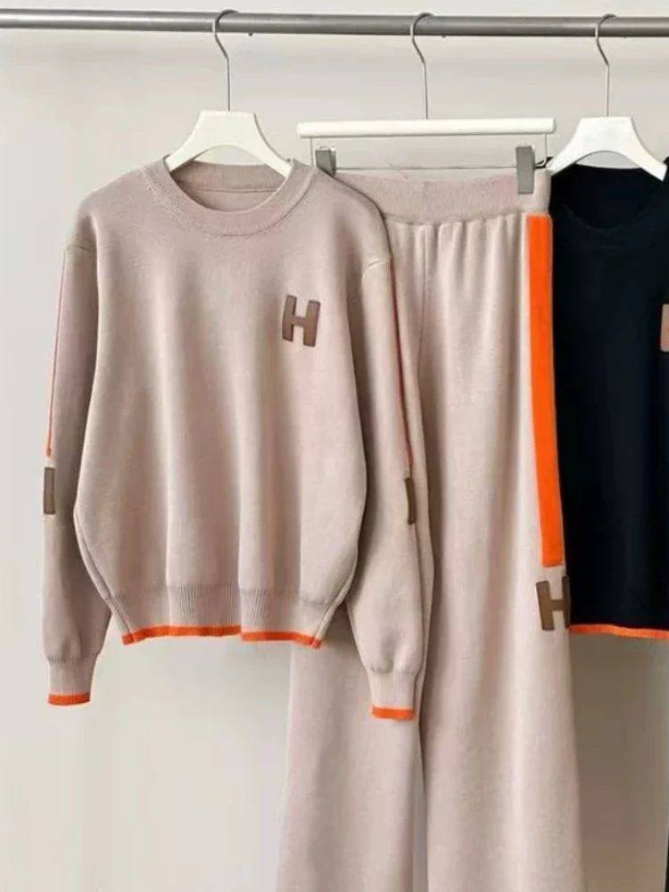 

Весенне-осенний элегантный женский комплект из двух предметов, трикотажная рубашка с круглым вырезом и длинными рукавами, топ, свободные широкие брюки