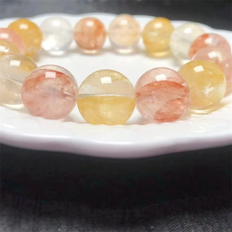 

14MM Natural Yellow Fire Quartz Hematoid Bracelet Gemstone Round Bead Crystal Healing Gemstone Bracelet Jewelry Gift