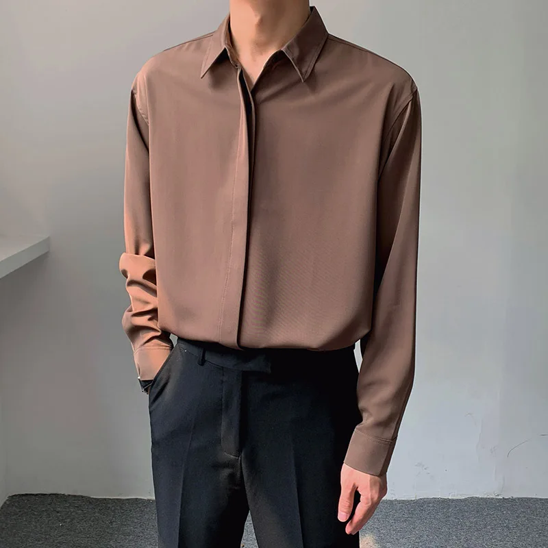 

Premium Feel Coffee Colored Men's Long Sve irt Drapey Loose Fit Casual irt No Ironing Required Versatile Trendy