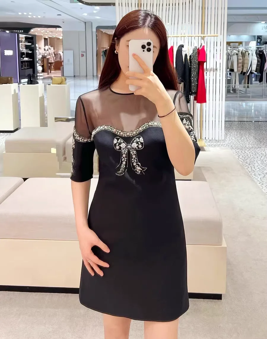 

High Quality Silk Dress Women's Embroidered Bowtie Dress Mini Sexy Ladies Transparent Sheath Dress