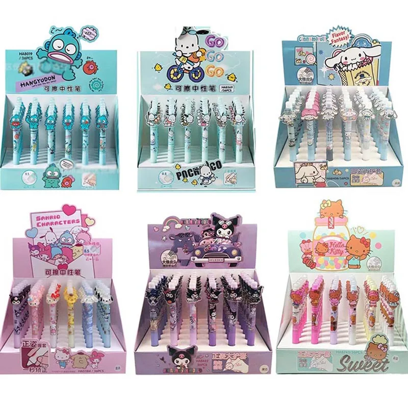 

36pcs/lot Sanrio Kitty Hangyodon Erasable Press Gel Pen Pochacco Kuromi 0.5mm Blue Ink Signature Pens Office School Supply