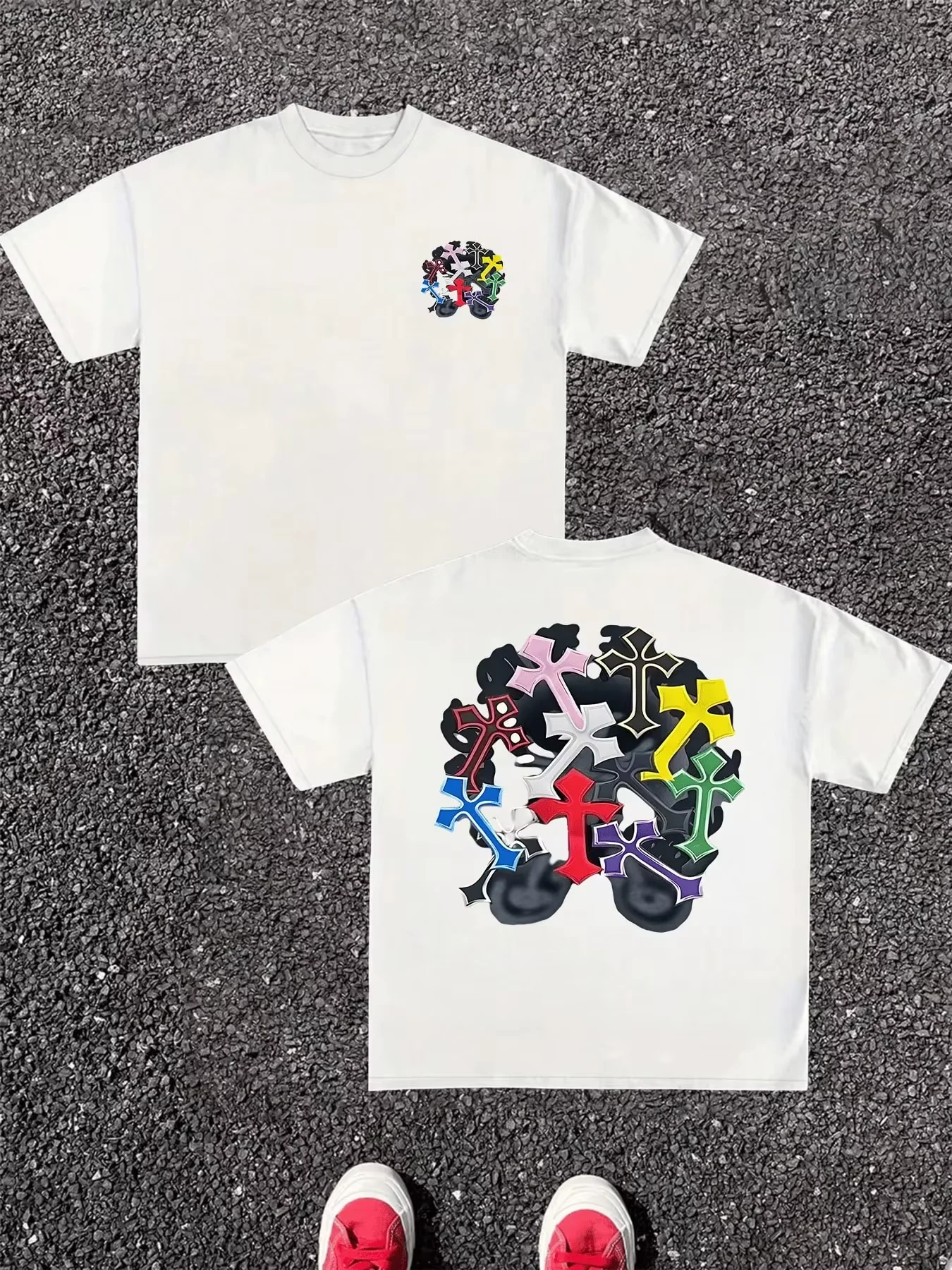Harajuku Streetwear Pure Cotton Men T-Shirt Double Sided Digital Print Colorful Cross Graphic Breath