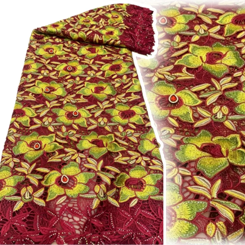 Cotton Embroidered Stone African Guipure Cord Lace Traditional Inspired Garment Women Water Soluble Fabric Occasional Wear 3123