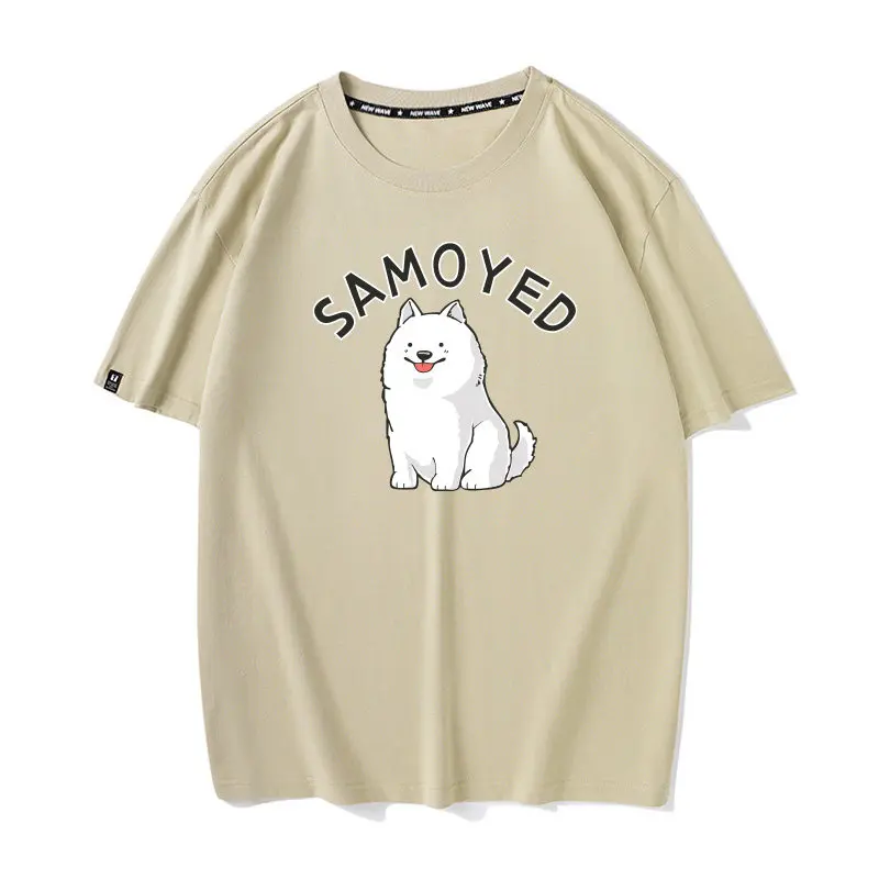 Show Off Samoyed Cartoon Dog Samoyed Summer New Short Sleeved T-shirt for Couples Loose Fitting Round Neck Men and Women
