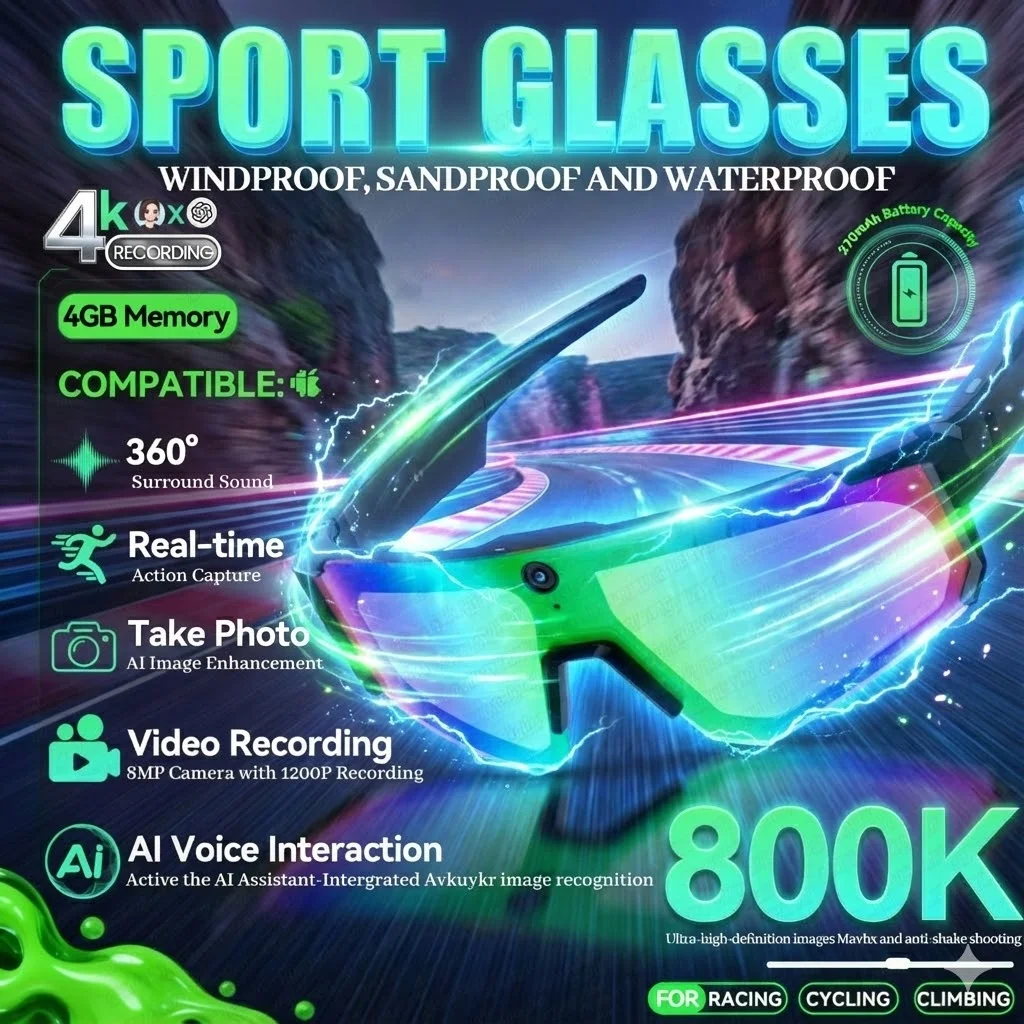 New Outdoor Sport 4K Anti-shake Camera Smart Glasses Men 1200P Video Recording Take Photo Waterproof Sandproof Sunglasses Women