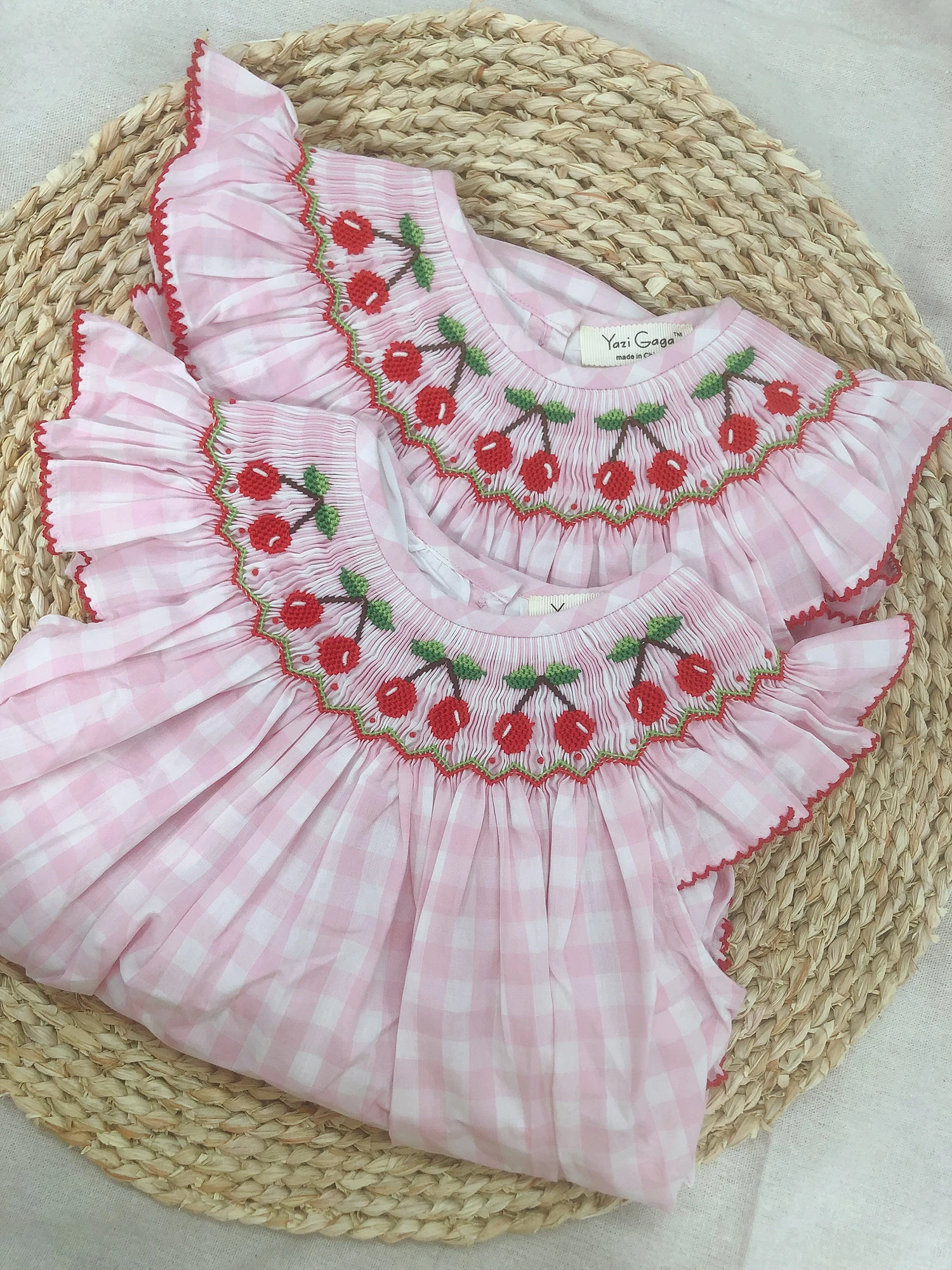 Cherry Smocked Clothes Summer Pure Cotton Pink Plaid Hand-Embroidered Suit Girls Outfit Boutique Clothing Flying Sleeves Cute