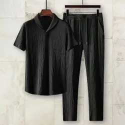 2Pcs/Set Summer Men's Suit Elastic Waistband Pleated Casual Outfit Men Business Short Sleeve Shirts Long Pants Set Male Clothing