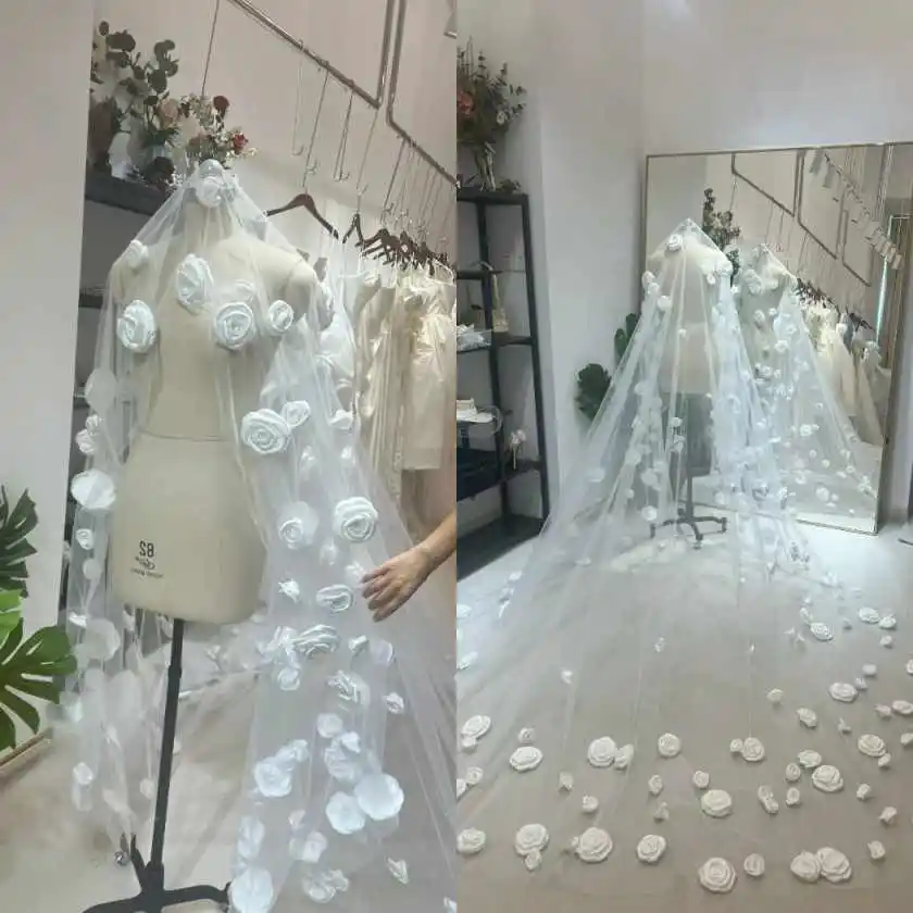 Gorgeous Wedding Veil Two-Layer With Comb 3D Satin Flower 3M Cathedral Length Bridal Veils Wedding Accessories Customized