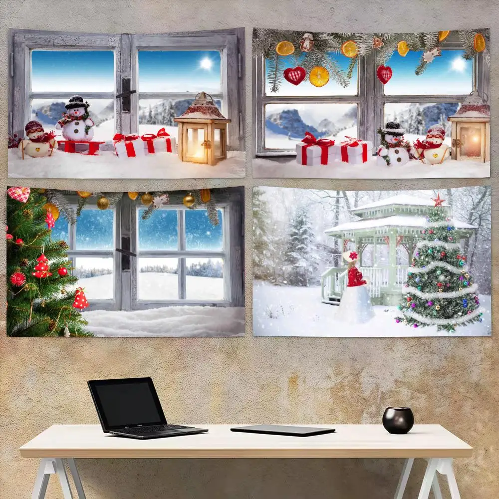 Winter Christmas Window Tapestry Christmas Wall Hanging Tapestry | Soft Fabric Mural Decor for Bedroom & Living Space