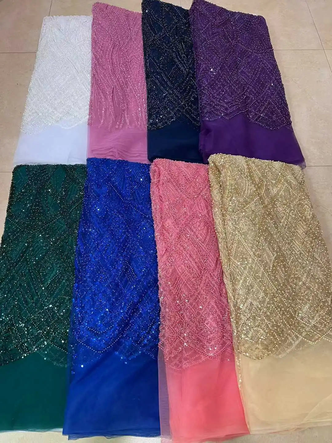 Luxe gouden Afrikaanse kralen pailletten parel kant Franse tule stof van hoge kwaliteit Nigeriaans ontwerp voor feestjurk naaien