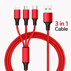3 in 1 Multi Charging Cable 2.4A Type C Lightning Micro USB Charger Cord 1.2m for iPhone Samsung Xiaomi Android Phone Tablet