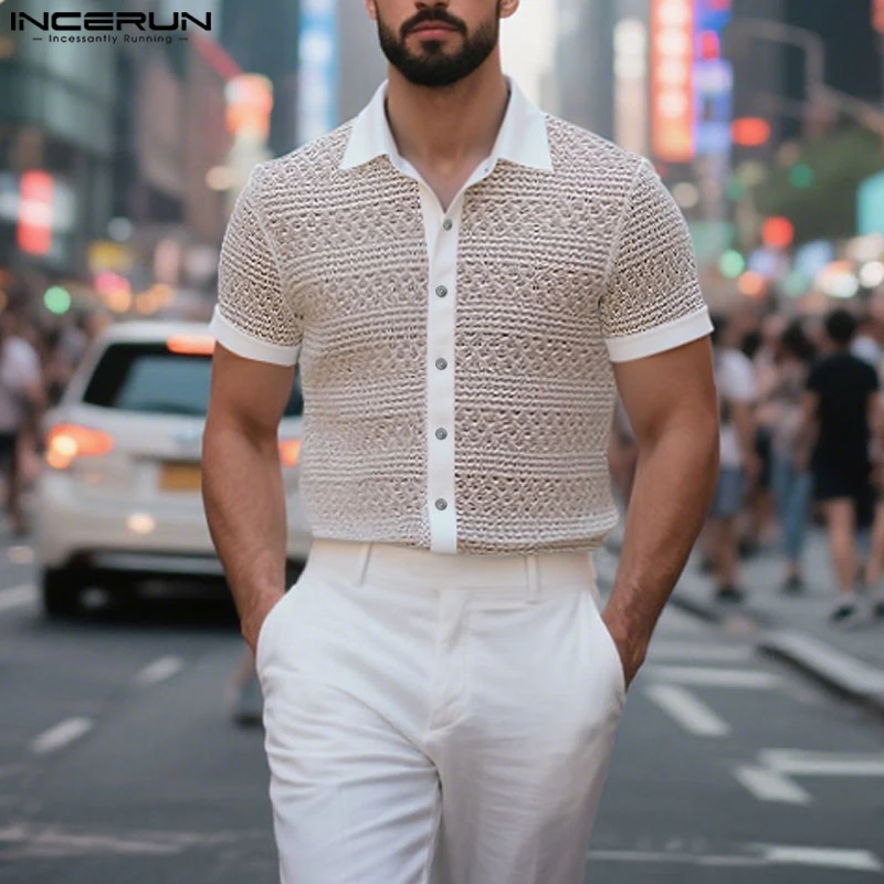 INCERUN الرجال قميص الجوف خارج انظر من خلال التلبيب قمصان قصيرة الأكمام ملابس الصيف الشارع الشهير 2025 موضة قمصان الذكور غير رسمية S-5XL
