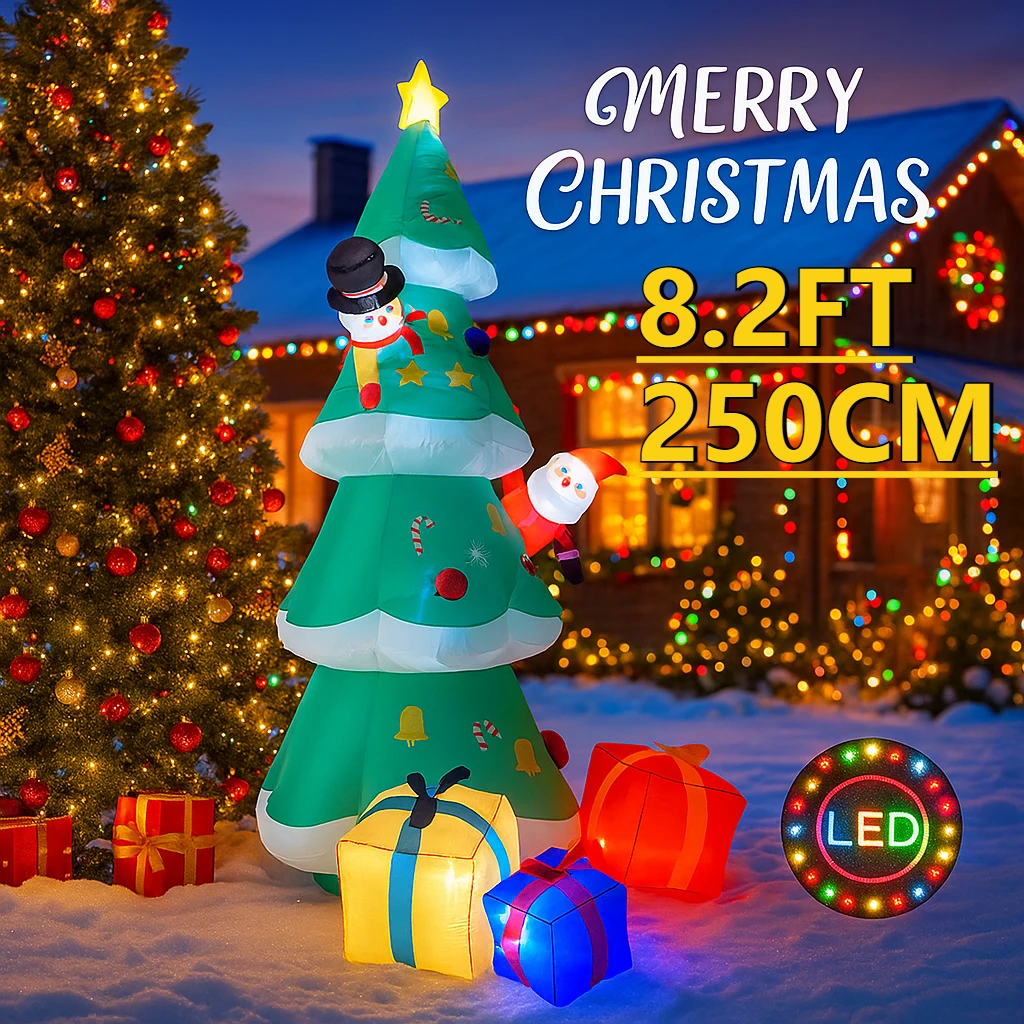 8.2FT Kerst Opblaasbaar Speelgoed LED Boom Set Kerstman Sneeuwpop Geschenkdoos Levert Thuis Ornament Feestelijk Cadeau Kerst Tuin Decoraties