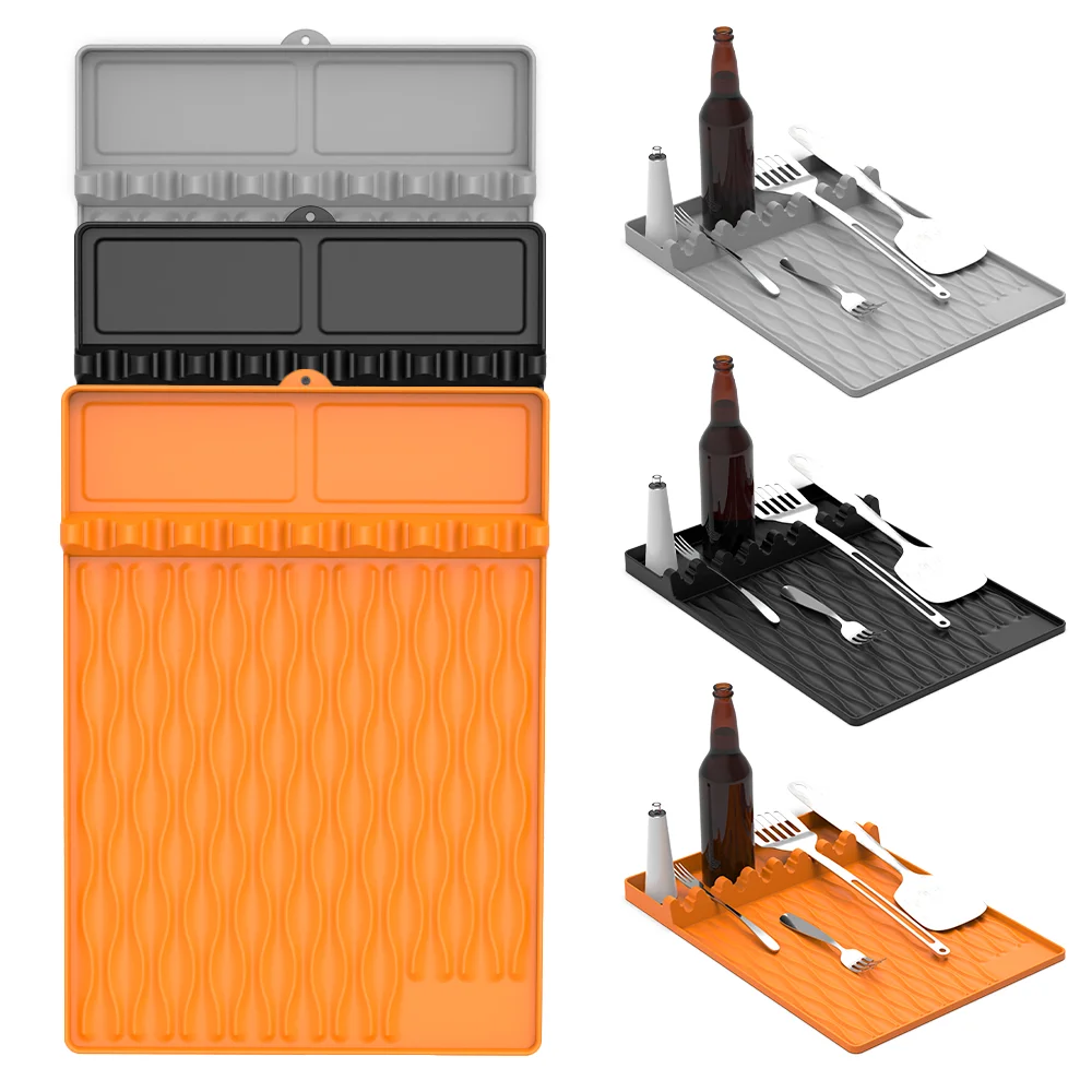 Tapete de Silicone para Churrasqueira com Bandeja Coletora para Queimador Lateral, Suporte de Utensílios de Cozinha e Bancada Externa