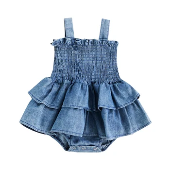 Vêtements d'été pour bébé fille, barboteuse en Denim, sans manches, bretelles, Design plissé, ourlet à volants, bouton-pression inférieur, combinaison mignonne