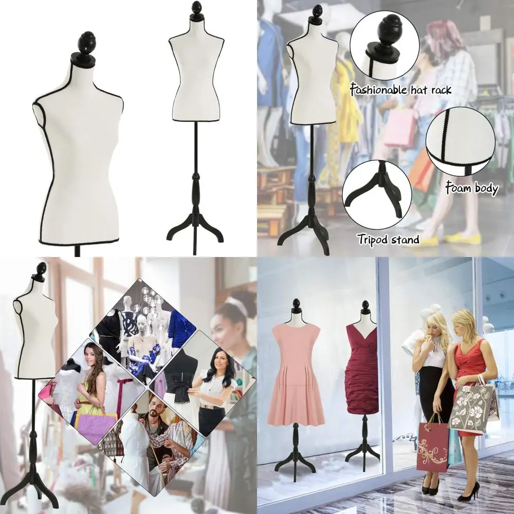 

Height-Adjustable Wooden Tripod Mannequin Stand for Female Clothing, 60-67, Pinnable, Black & White Display