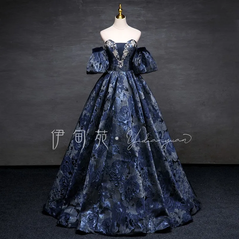 luxury navy flower beading long medieval dress ball gown dress Venice carnival gown Medieval Renaissance