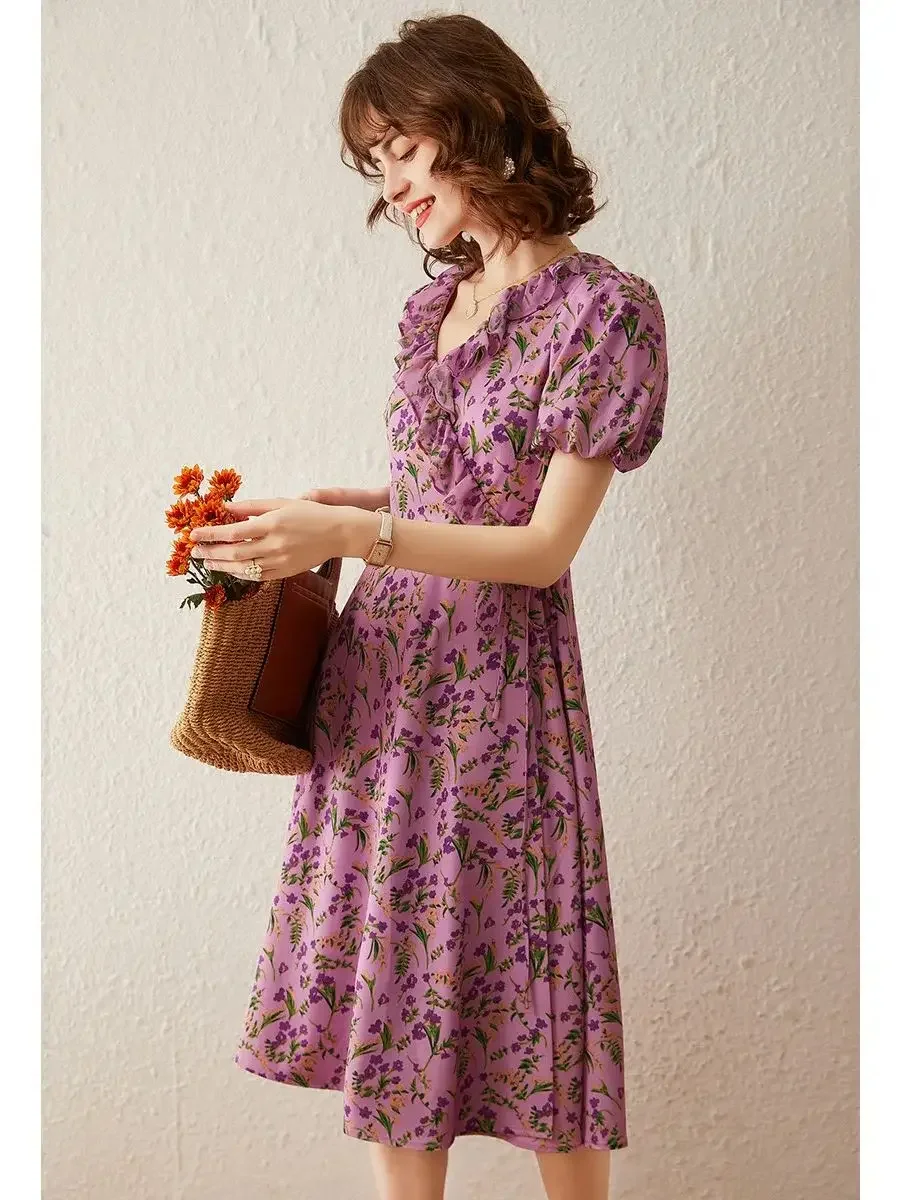 LOUIS YAO Women Dress 2024 Summer New V Neck Puff Short Sleeve French Style Elegant Stringy Selvedge Cardigan Floral Long Dress