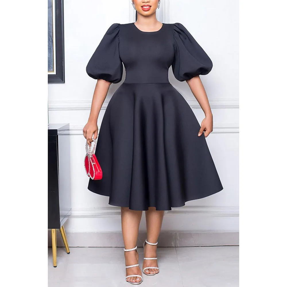 Plus Size Semi Formal Midi Dresses Casual Brown Fall Winter V Neck 3/4 Sleeve Flounce Organza Knee-length Soft Midi Dresses