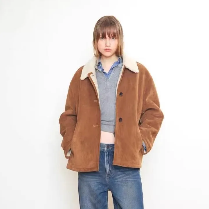 Warmth Inteated Suede Mustang Jaet Classic Collar Women's Outerwear Korean Sle Loose Fit Long Sve Button Closure