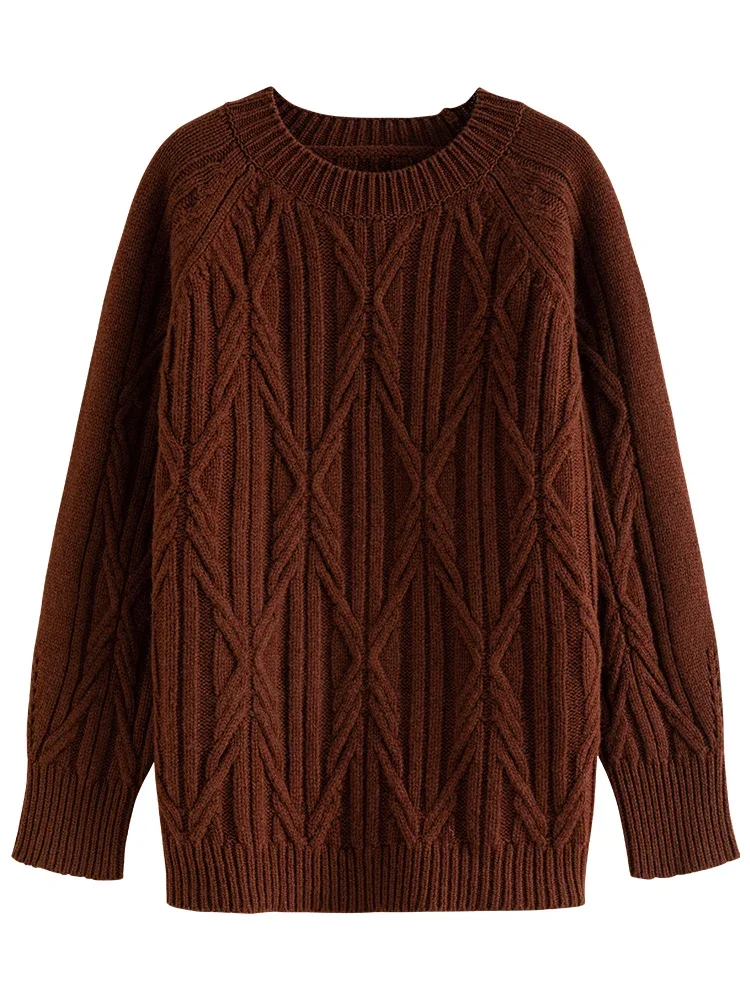 DUSHU Retro Twisted Flower Sweater Winter 2023 New Knitted Sweater Full Sleeve Women Brown Sweater Casual Loose Office Lady