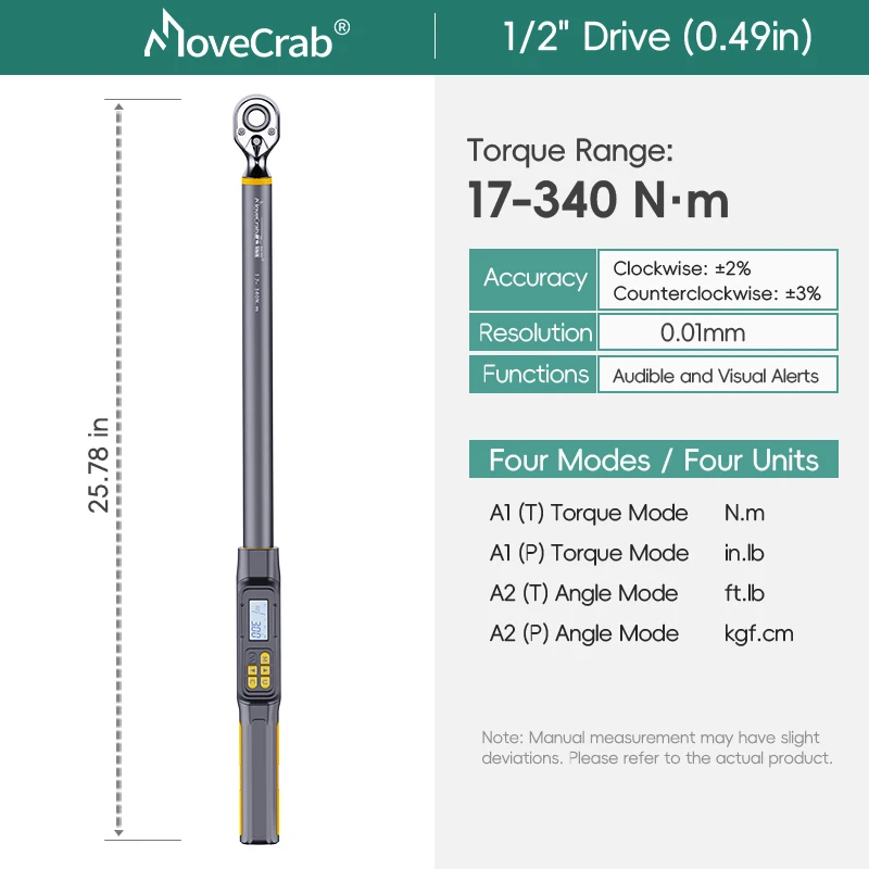 MoveCrab 3/8" 1/2" Digitale momentsleutel met hoekmeting 3-340 N.m, nauwkeurigheid 0,1° ° voor doe-het-zelf auto- en motorreparatie