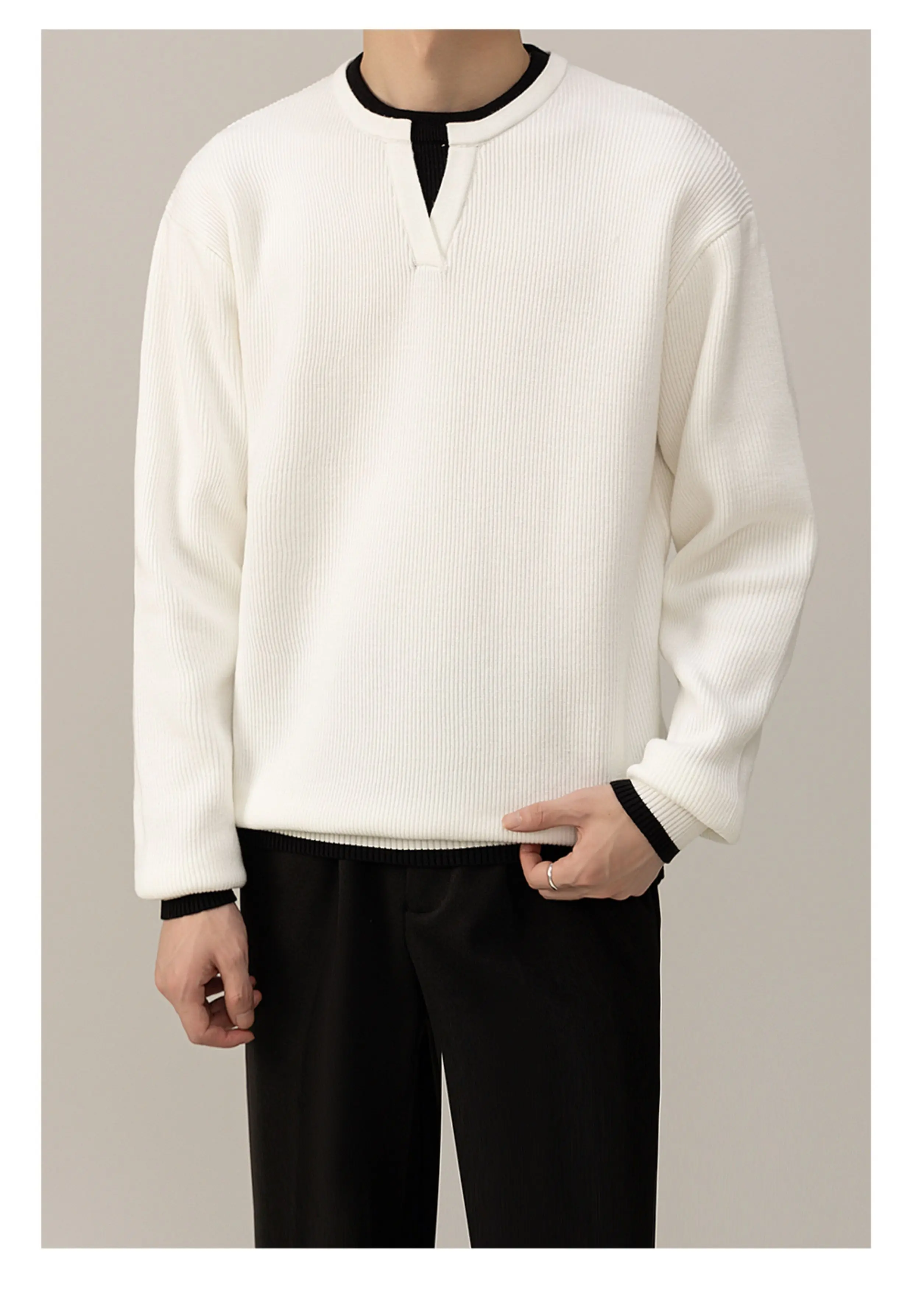 Autumn Winter Commuting Style Men's Casual Versatile Black White Knitwear High-end Warm V-neck Gray Red Fake Two-piece Sweater