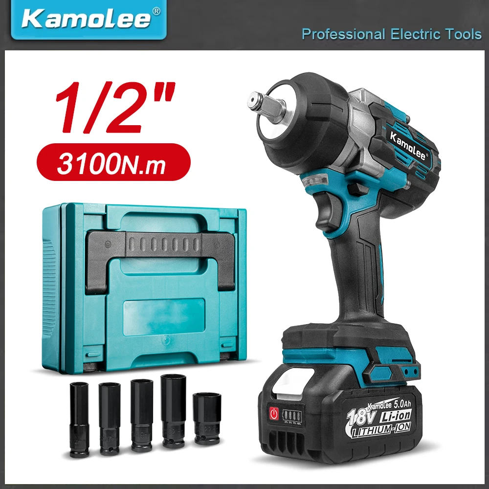 Kamolee 3100N.m High Torque Brushless Electric Impact Wrench 1/2 Inch Power Tools Compatible With Makita 18V Battery