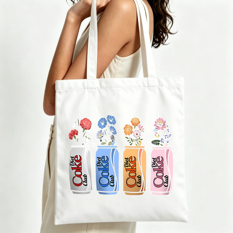 floral soda can graphic canvas tote bag with retro design, ideal for casual daily use and summer outings