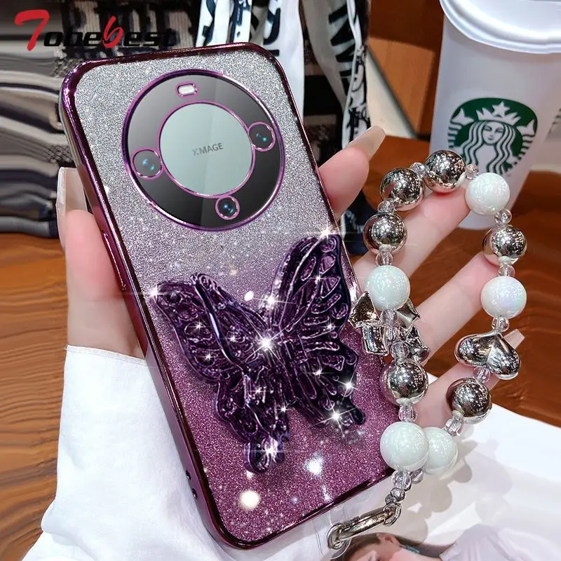 3D Butterfly Phone Holder Bead bracelet Glitter Plating Case for Huawei Mate 60 50 40 30 10 Pro Back Cover