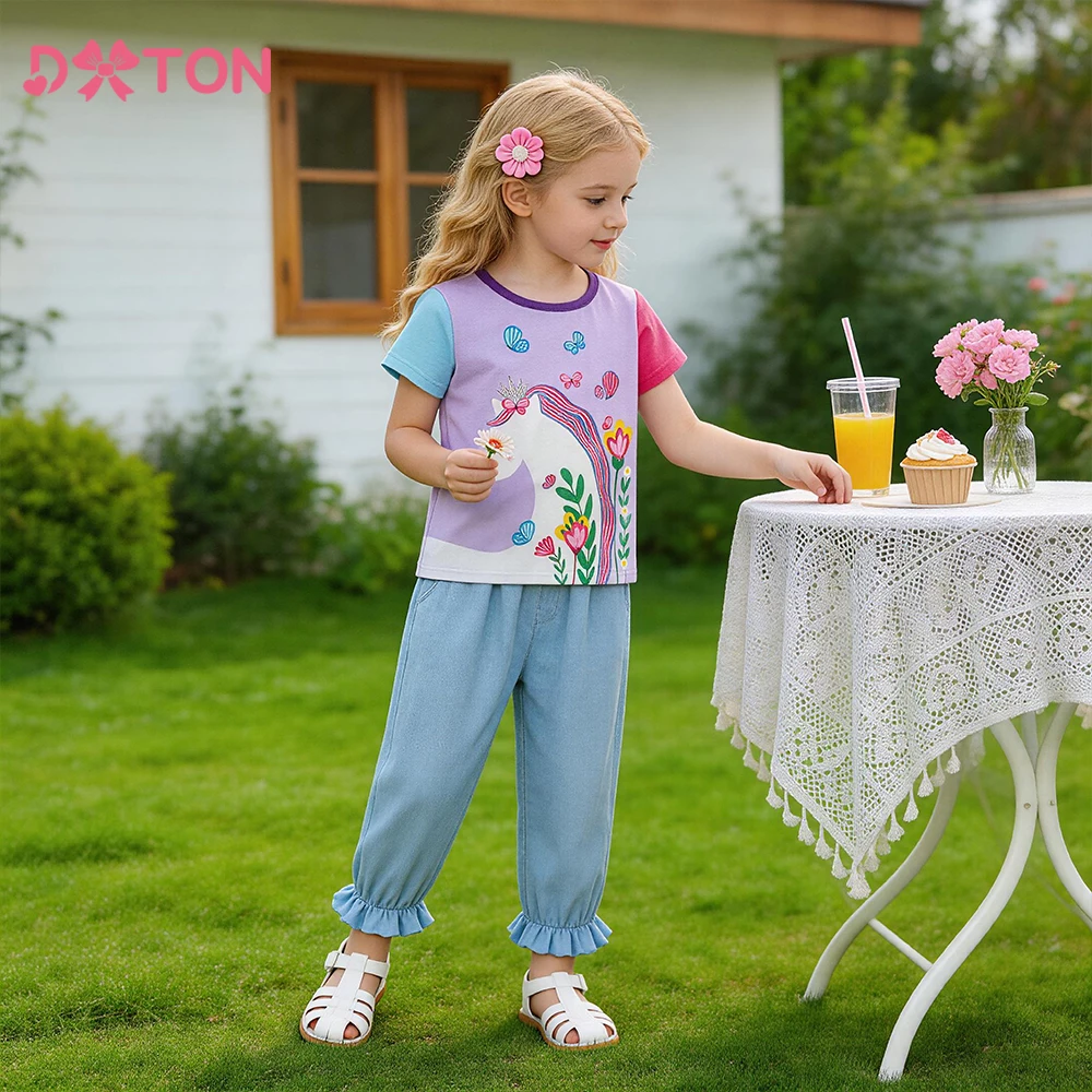 DXTON Short Sleeve Kids Girls Tees Unicorn Children Summer T-shirts Contrasting Colors Cotton Girls Flower Top Kids Daily Wear