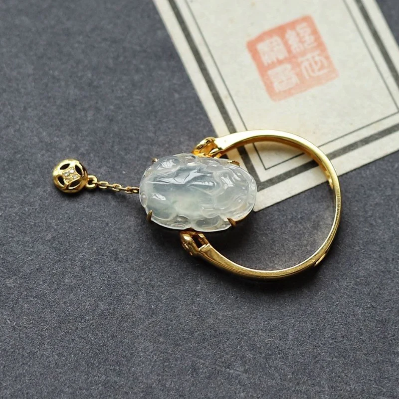 Designer's New in Natural Ice Chalcedony Pixiu Copper Coin Dual Purpose Rings for Women Pendant Chinese Style Fashion Jewelry