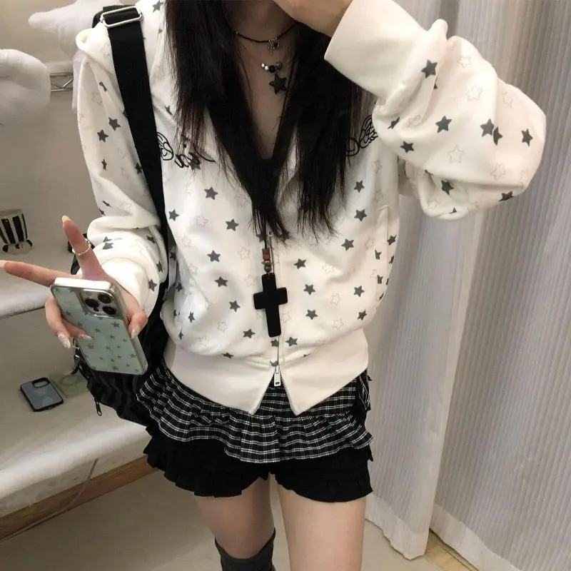 ファッションレター刺繍パーカー女性服アメリカンスタープリント秋冬フリースフード付きカジュアルジッパースウェットシャツ