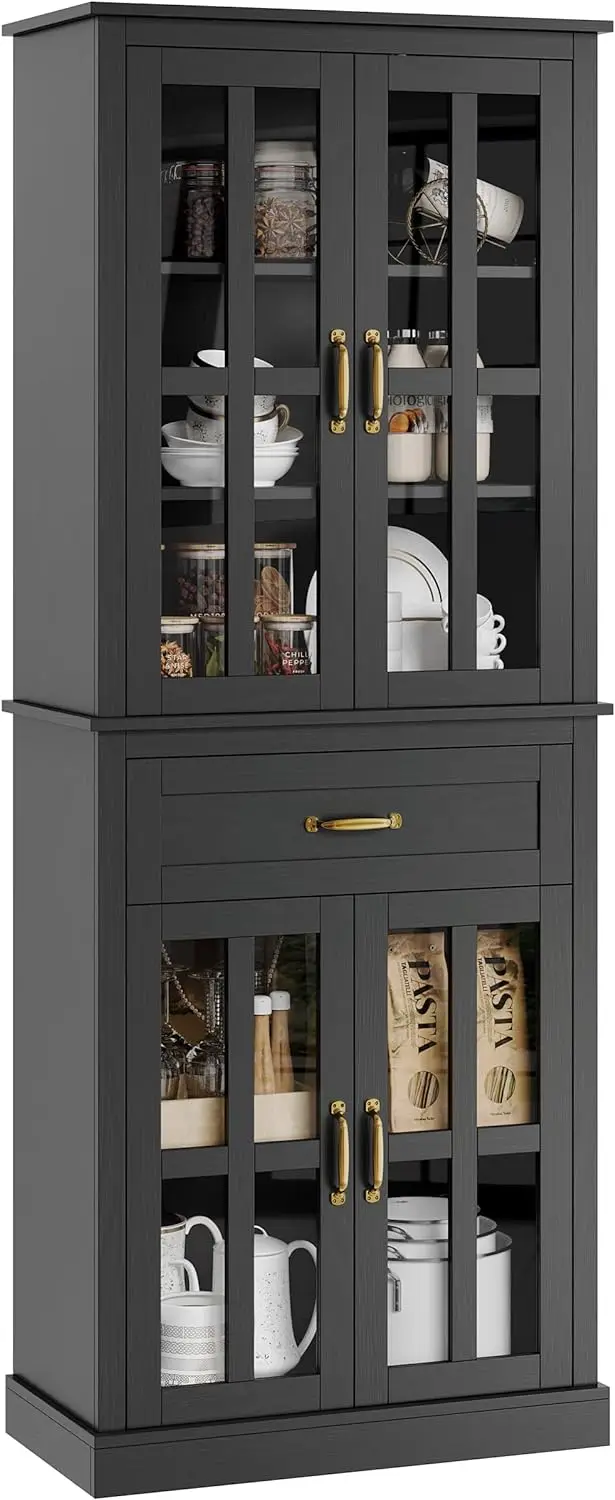 Tall Kitchen Cabinet Pantry Cabinet with Glass Doors and Drawer Freestanding Food Pantry Kitchen Hunch with Adjustable Shelves