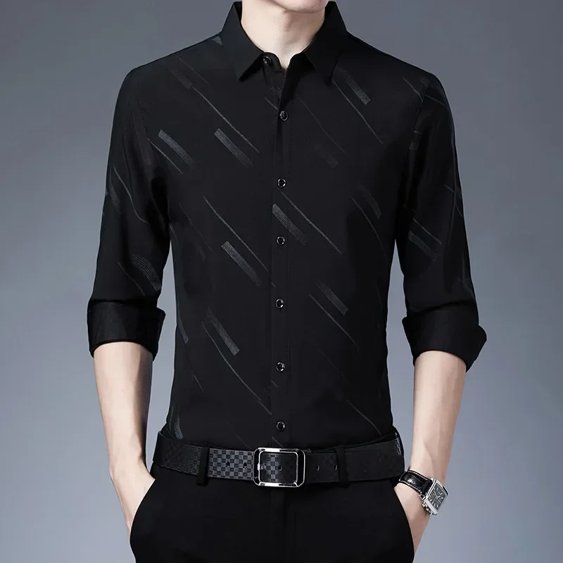

Spring and Autumn Men's Polo Collar Contrast Stripe Print Single Breasted Button Long Sleeve Shirt Cardigan Coat Formal Tops