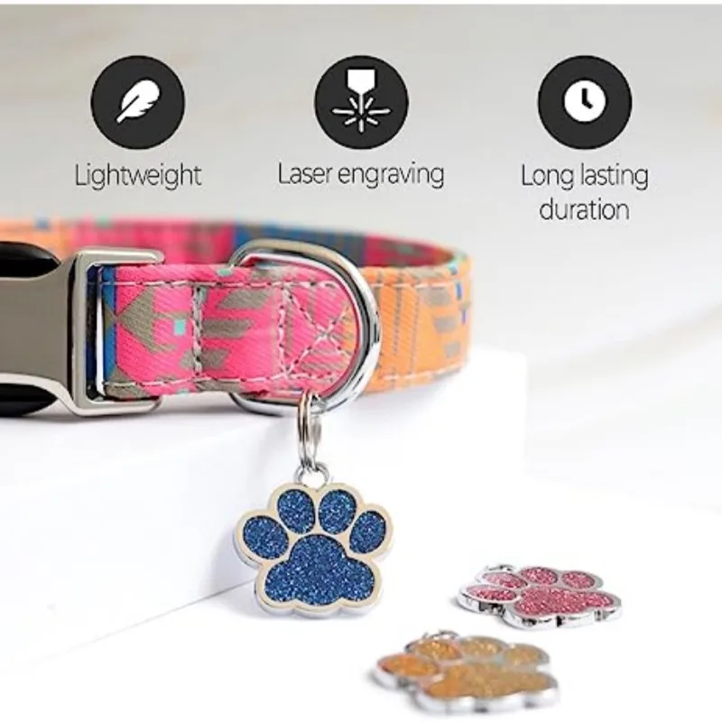 Personalized Dog Cat CustomTags Engraved Puppy Pet ID Name Collar Tag Stainless Steel Paw Glitter Pendant Pets Dogs Accessories