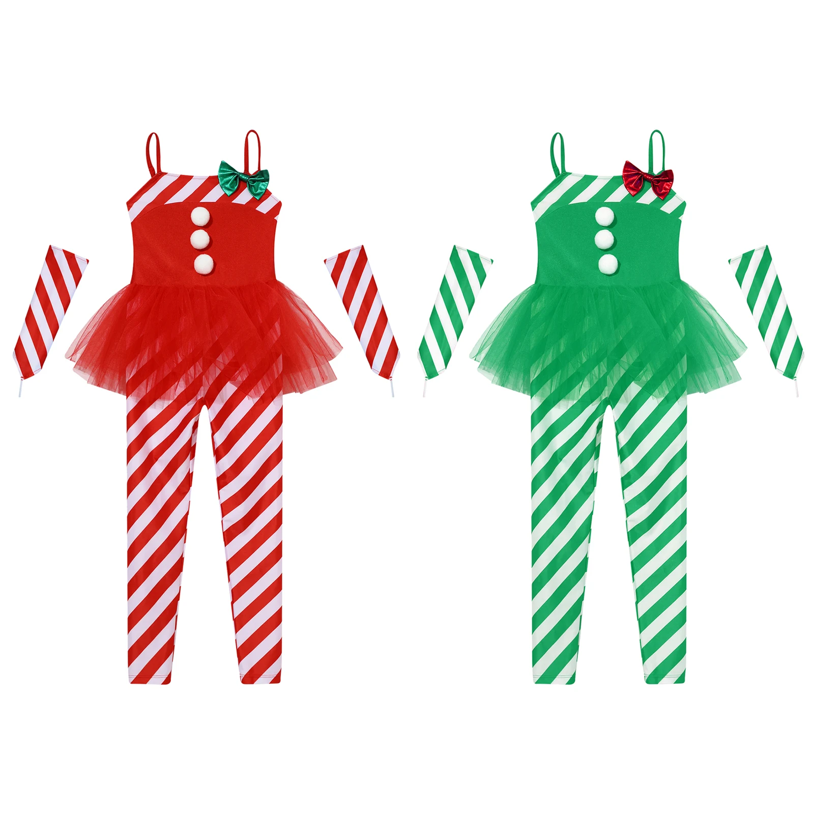 Girls Christmas Candy Cane Costume Sleeveless Stripes Print Tulle Peplum Long Jumpsuit with Arm Sleeves Set for Xmas Party